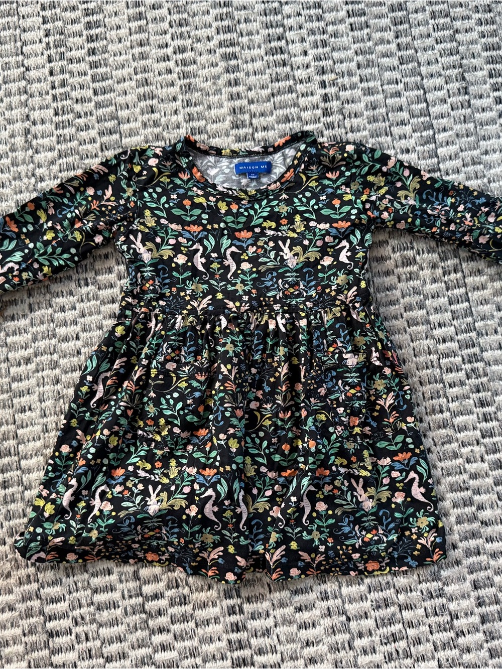 Maison Me Girls' Black Floral Print Long-Sleeve Dress Size 4